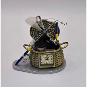 Waltham Mini Desk Clock Fishing Theme Metal Zinc Alloy Battery Operated